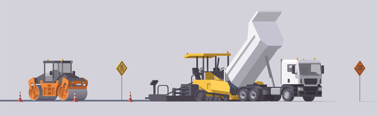 Vector road paving set. Asphalt paver & road roller & dump truck. Isolated illustration. Road work