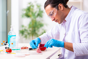 Young male nutrition expert testing food products in lab