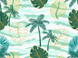Vector seamless tropical pattern with palm tree and leaves on striped background. Vector  floral illustration for textile, print, wallpapers, wrapping.