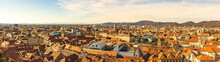 Panoramic View At Graz City With His Famous Buildings. Art Museum, Town Hall.