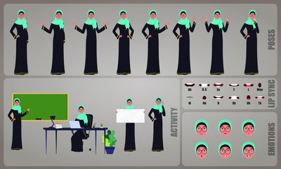 Wall Mural - Arab Woman Teacher or Professor character Set. Collection of character body Poses, facial gestures, teaching activities and Lip syncs poses. Ready-to-use and animate, character set. Vector.