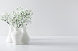 canvas print picture - Home interior floral decor. Elegant floral soft white composition. Beautiful white gypsophila flower in vase on white wall background.