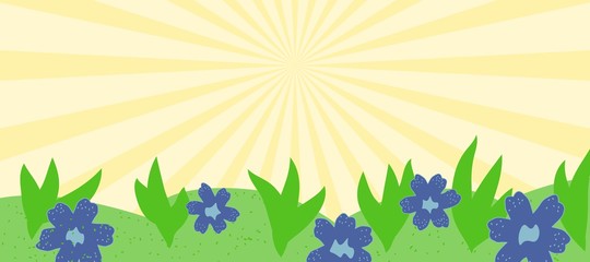 Vector abstract landscape, sunshine, plants, grass. Flat style hand drawn illustration with copy space for text. Simple cartoon design banner.