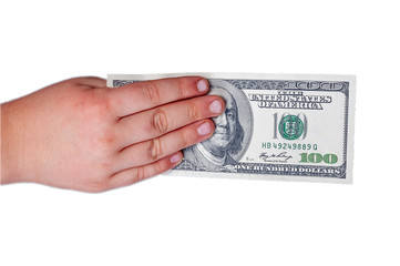 Wall Mural - Human's hand holds a banknote of 100 US dollars with a portrait of American President Benjamin Franklinan isolated white background