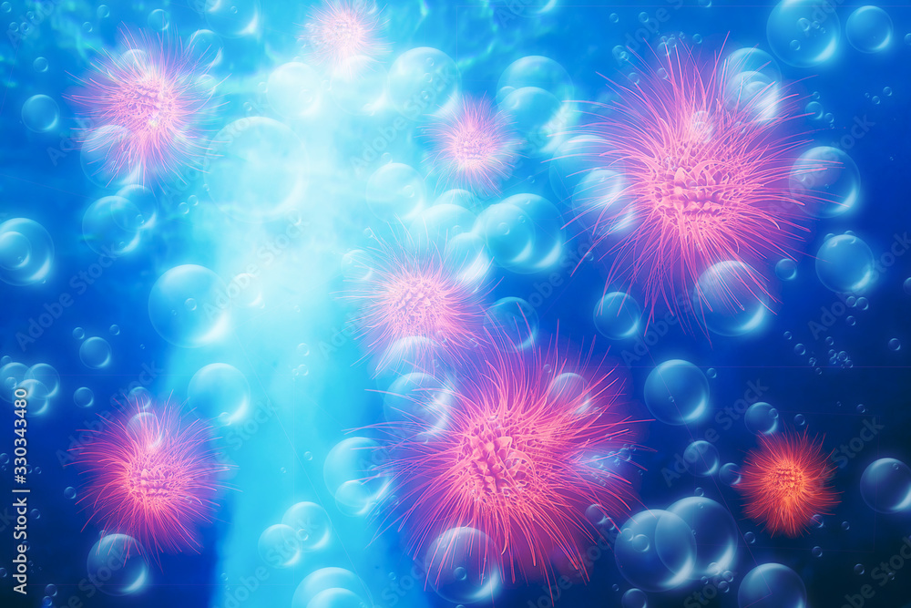Microscopic view of Coronavirus cells in the fluids. Pathogen outbreak ...