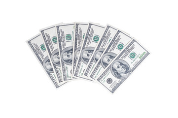 Wall Mural - US hundred dollar bills folded in a semicircle with a portrait of American President Benjamin Franklin on an isolated white background