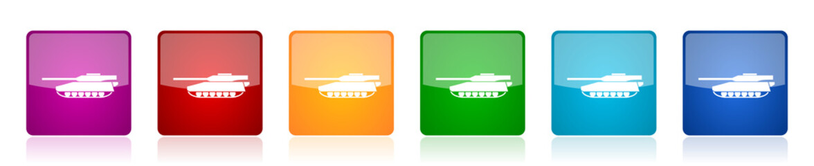 Aufkleber - Tank icon set, army, military, war vehicle colorful square glossy vector illustrations in 6 options for web design and mobile applications
