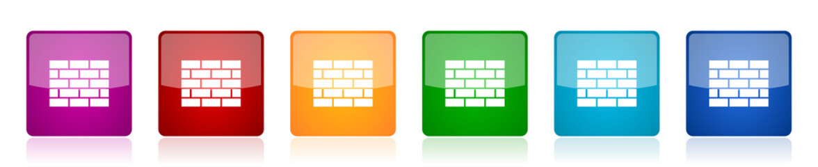 Fototapete - Firewall icon set, colorful square glossy vector illustrations in 6 options for web design and mobile applications