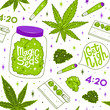 Marijuana seamless vector pattern. Drug consumption, cannabis and smoking drugs. Get high. Magic seeds lettering. Fun doodle illustration of smoking equipment.