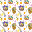 Watercolor seamless pattern with easter bunnies on a white background with pussy-willow breanches, easter cakes, bows, eggs. Easter seamless pattern for cards,scrapbooking or for your own design.