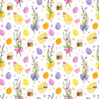 Watercolor seamless pattern with easter chicks on a white background with pussy-willow breanches, easter cakes, bows, eggs. Easter seamless pattern for cards,scrapbooking or for your own design.
