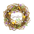 Large watercolor wreath of spring branches with buds, yellow crocuses, white snowdrops on a white background. Illustration for postcards, scrapbooking and your own design.