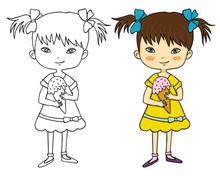 Cute Girl With Ice Cream Coloring Book With An Example