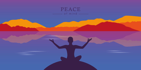 Wall Mural - meditation silhouette at beautiful lake and mountain autumn landscape background vector illustration EPS10