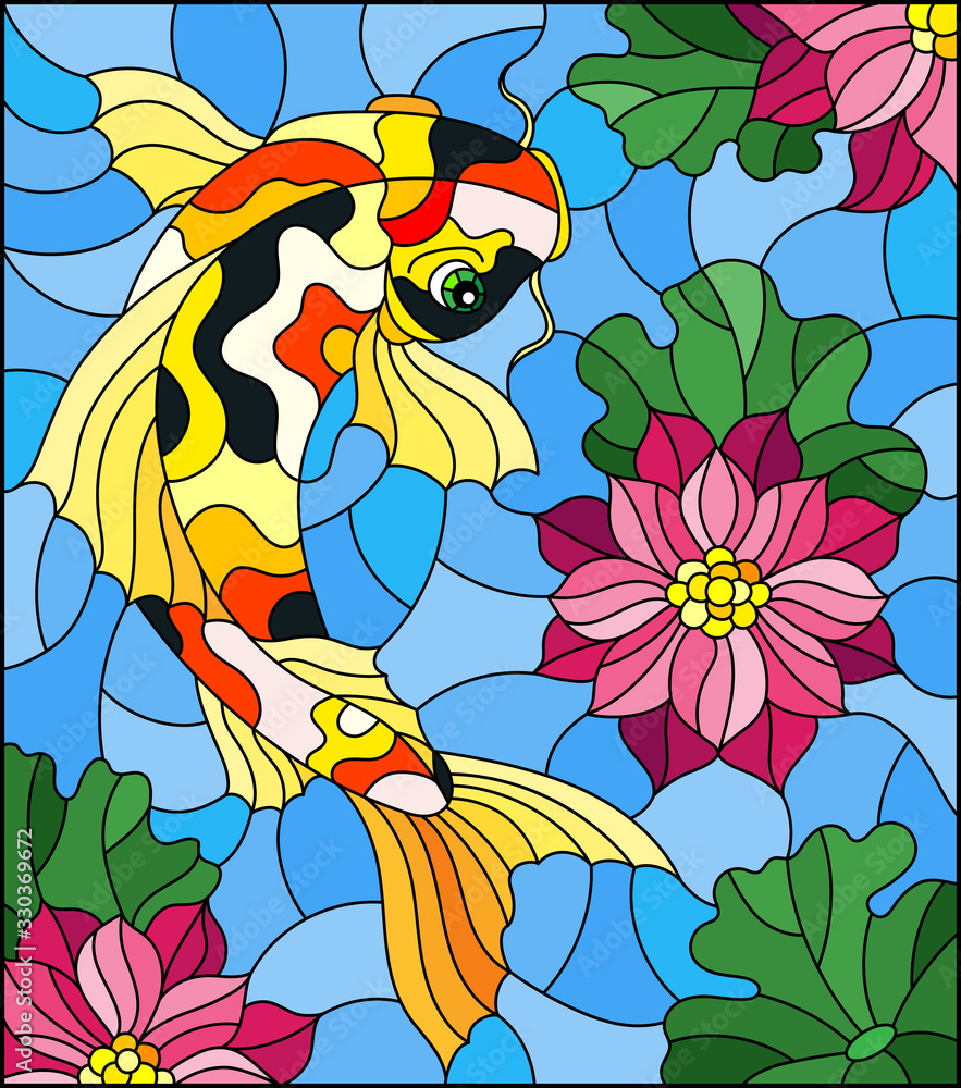Illustration in stained glass style with a koi carp on a background of pink lotuses and water Stock Vector | Adobe Stock illustration-in-stained-glass-style-with-a-koi-carp-on-a-background-of-pink-lotuses-and-water-stock-vector-adobe-stock