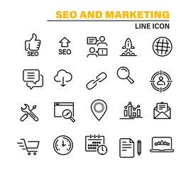 Poster - SEO Search Engine Optimisation and Marketing. Collection modern lines web icons. Editable Stroke. Search Engine Optimization, Target, Watch List, Website Stats and more