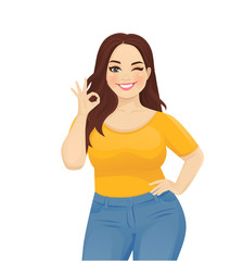 Young happy beautiful plus size woman wearing jeans gesturing ok sign isolated vector illustration