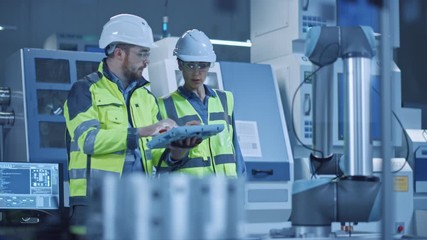 Aufkleber - Factory Workshop: Professional Female Engineer, Male Machinery Operator Use Industrial Digital Tablet Computer to Work and Program Robot Arm for Production Line. High-Tech Facility with CNC Machines