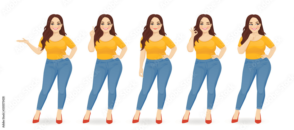 Young happy beautiful plus size woman wearing jeans in different poses isolated vector illustration - obrazy, fototapety, plakaty 