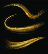 Golden shimmering waves with light effect isolated on black background. Glittering star dust trail. Abstract motion. Magic swirl lines