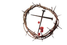 Crown Of Thorns With Nails On White Background. Easter Background. Jesus Christ.