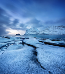 Wall Mural - haukland beach, lofoten islands, norway. landscape with long exposure shot. mountains, beach and clo