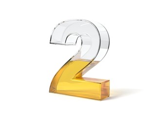 letter 2 shaped glass half filled with yellow liquid. 3d illustration