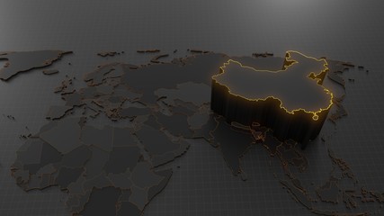 Wall Mural - rised china on world map with elevated countries. 3d illustration