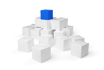 Wall Mural - Blue cube on top of heap of white cubes over white background - software module, teamwork or standing out from the crowd leadership concept