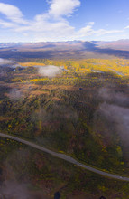 Denali And Alaska Range Mountains And Alaska Route 3 Aka George Parks Highway Aerial View In Fall, Near Denali State Park, Alaska AK, USA.