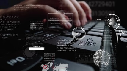 time lapse of man working on laptop computer keyboard with graphic user interface gui hologram showi