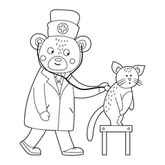 Vector outline animal doctor treating patient. Bear listening to cat’s lungs. Cute funny characters. Medicine coloring page for children. Hospital scenes isolated on white background.