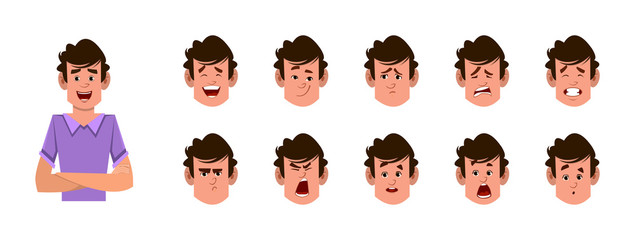 man cartoon character with different facial expression set.  different facial emotions for custom animation