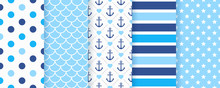 Marine Seamless Pattern. Vector. Nautical Sea Backgrounds With Anchor, Polka Dot, Stripe, Fish Scale And Star. Set Blue Summer Prints. Geometric Texture For Baby Shower, Scrapbook. Color Illustration