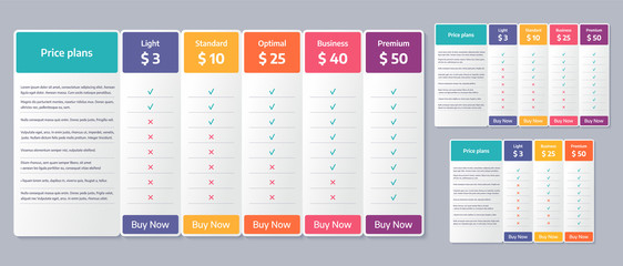 price table template. vector. comparison plan chart. set pricing data grid with 3, 4 and 5 columns. 