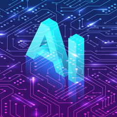 Wall Mural - Artificial intelligence concept. Isometric AI header on circuit background. Futurictic illustration. Vector