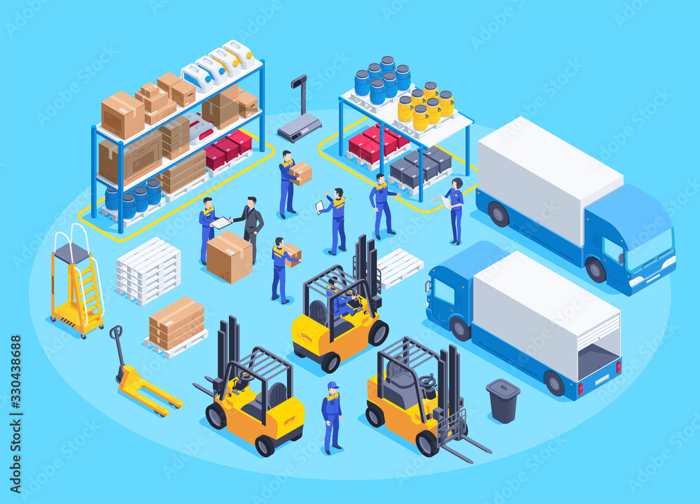 isometric vector image on a blue background, men in work overalls work in a warehouse, a shelf with boxes and canisters, equipment for transportation of goods, truck and loader - obrazy, fototapety, plakaty 