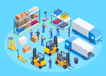 Isometric Vector Image On A Blue Background, Men In Work Overalls Work In A Warehouse, A Shelf With Boxes And Canisters, Equipment For Transportation Of Goods, Truck And Loader