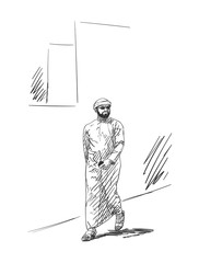 Canvas Print - sketch of muslim arabic man in traditional clothes walking outside, hand drawn vector illustration