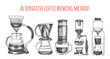 Illustration with an alternative way of brewing coffee. Alternative coffee brewing methods sketch.