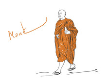 Colored Sketch Of Walking Buddhist Monk With Smart Phone In Hand, Hand Drawn Vector Illustration Isolated