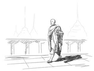 Wall Mural - Sketch of buddhist monk with smart phone in hand walking outside temple, Hand drawn vector illustration