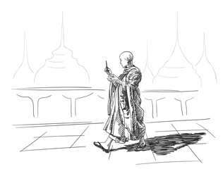 Wall Mural - Sketch of buddhist monk with smart phone in hand walking outside temple, Hand drawn vector illustration