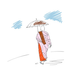 Canvas Print - Colored sketch of walking buddhist nun under umbrella, Hand drawn vector illustration