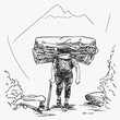 Sketch of nepali porter carrying full load heavy basket on his head in traditional way in mountains, Hand drawn illustration