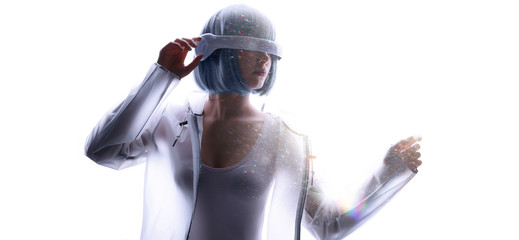 Wall Mural - beautiful woman with blue hair in futuristic costume over white background. girl in glasses of virtu