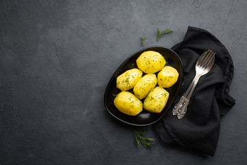 Wall Mural - Delicious boiled potatoes with dill in a black plate on a dark background. Top view.