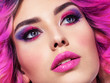 Portrait of beautiful young woman with bright pink makeup. Beautiful blonde with bright pink lipstick on her lips. Pretty girl with vivid hair. Blonde with brightly colored hair. Bright eye makeup.