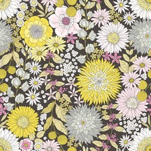 Seamless Floral Pattern With Flowers And Branches Pastel Yellow And Pink Colors. Vector Illustration In Vintage Style On Dark Background.