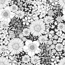 Black And White Floral Pattern With Big And Small Flowers. Hand Drawn Vector Illustration In Vintage Style.